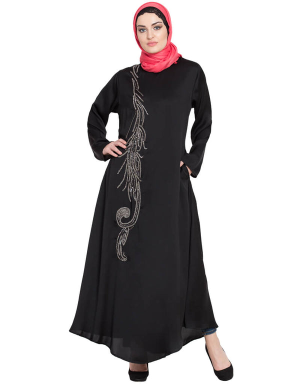 Muslim Front Embroidered Umbrella Abaya Black Women Online shopping USA